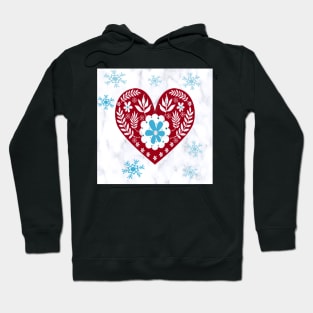 Winter Scandinavian Design, Teal & Red on White Background Cute Simple Nordic Heart and Snowflakes Hoodie